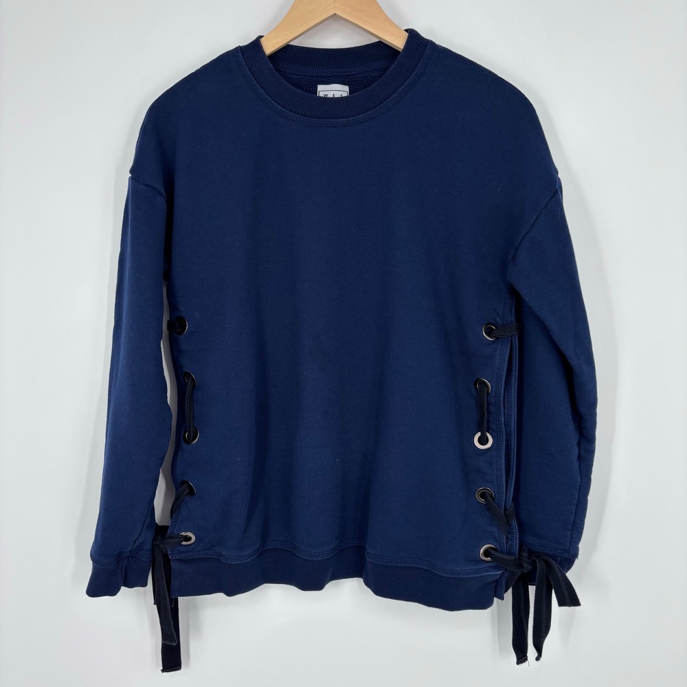 Wesley Navy Blue Side Lace Up Grommet Fleece Sweatshirt Women XS Pullover Top